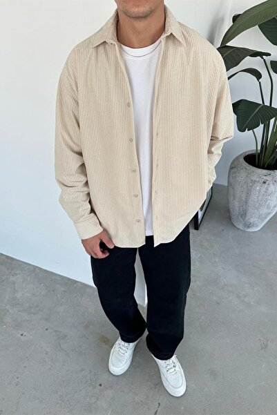 HAFKAGİYİM Cremă basic material reiat Cămașă din catifea