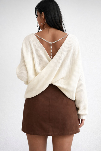 NAYRA LABEL Omuz Dekolteli Beyaz Triko Kazak