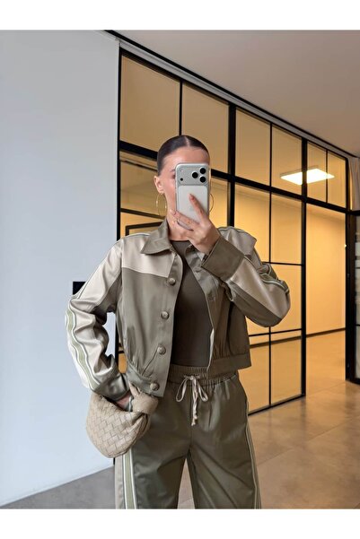 BB Bensu Buyruk ŞERİT DETAYLI HAKİ SATEN TAKIM