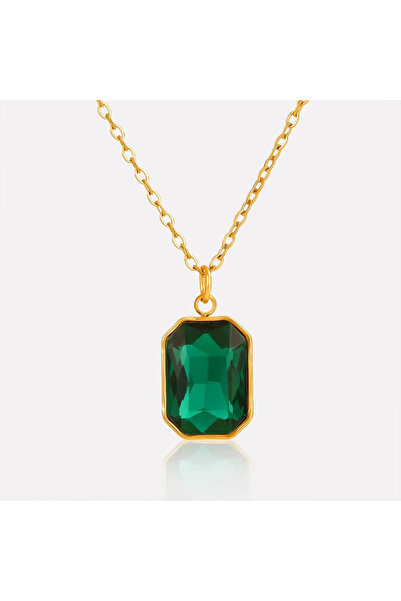 Kracer 18K Gold Plated Necklace, with Green Zirconia Pendant, Stainless Steel...