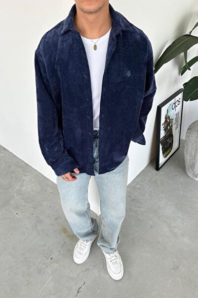 HAFKAGİYİM قميص مريح مخملي باللون الأزرق الداكن قماش مجدّل