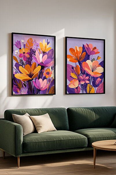 STARYUNA Ilustrație de flori colorate pe fundal violet cu cadru din lemn negr...