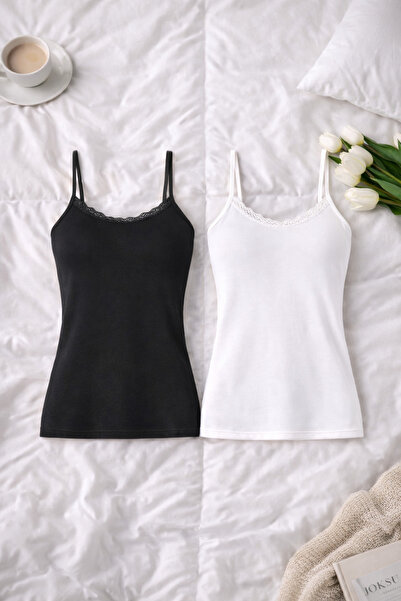 ROZELT Women's Black & White Viscose Stretch Fabric Strap 2-Piece Undershirt