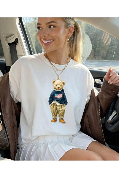 Jose Clothing تيشيرت قصة فضفاضة بأكمام قصيرة مطبوع عليه دب