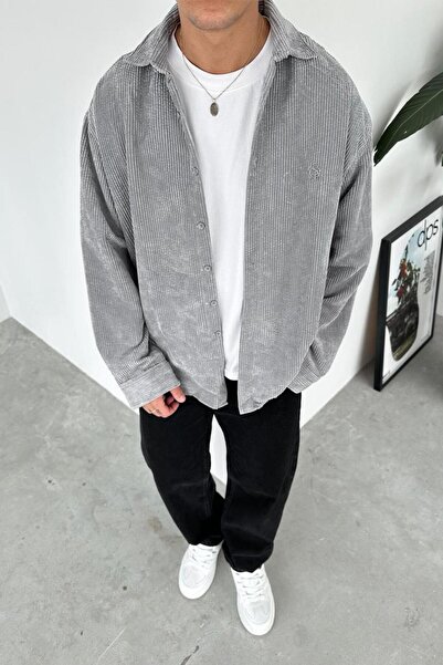 HAFKAGİYİM قميص رمادي قماش مجدّل مخملي مريح