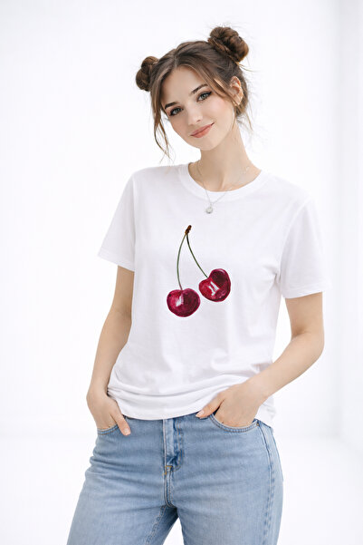 FANA Cherry Printed Women's T-Shirt Loose Fit Oversized Cotton Casual T-Shirt