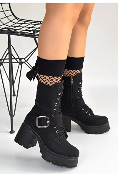 FRESCO SCARFS Linma Black Nubuck Lace-Up Heeled Boots