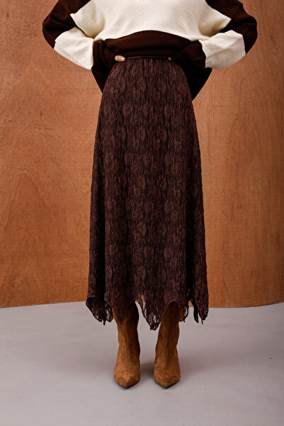 HOPE AND ME Asymmetrical Cut Lined Brown Lace Skirt