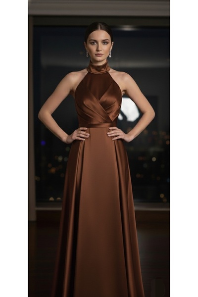 makbuleofficial Kahverengi Saten Kumaştan Boğazlı Halter Yakalı Mezuniyet Bal...