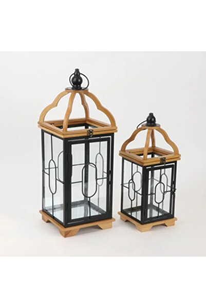 Generic 2-piece black wooden and metal lantern set with a modern design