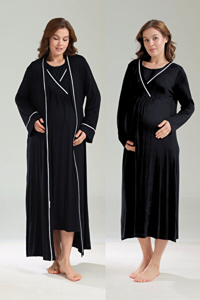 Hamile Tekstil Siyah Biyeli Uzun Kollu Yumuşak Dokulu Sabahlıklı Lohusa Gecel...