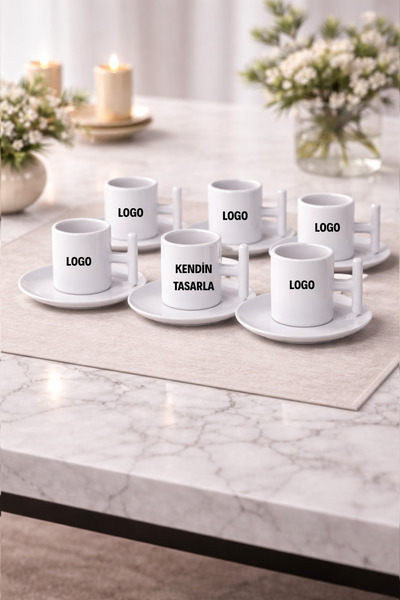 Turkish Coffee Cup Set with T Handle – White Porcelain Set of 6 - Corporate Promotion