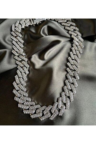 Şöhret takı&aksesuar قلادة سلسلة كوبية كبيرة مرصعة بالحجارة من الفولاذ المقاو...