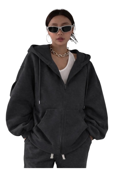 SAAT TEKSTİL Cardigan Black Zippered Hoodie