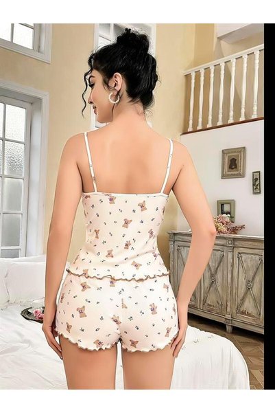 Generic Brand Set de pijamale cu șorturi brodate cu dantelă și model ursuleț