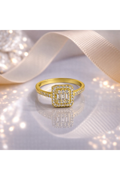 Siset Gümüş 925 Ayar Sarı Altın Kaplama Baget Taşlı Gümüş Yüzük