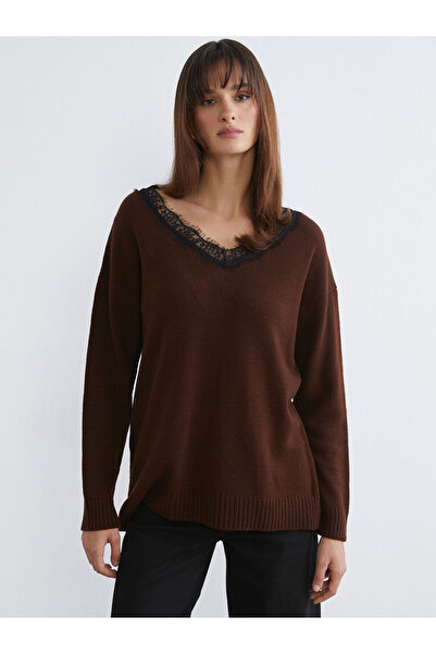 LC Waikiki V-Neck Lace Detailed Women's Knitwear Sweater