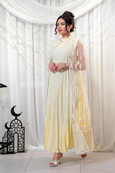 Hasnaa Abaya Elegant two-piece lemon-colored jalabiya