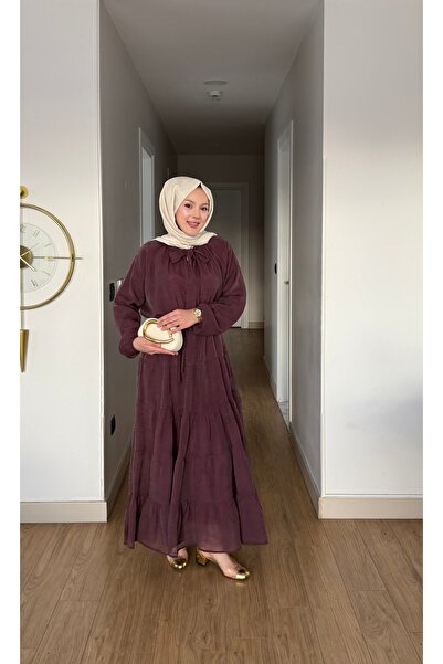 merve ada design Fular Yaka Detaylı Astarlı Organze Tül Tesettür Elbise