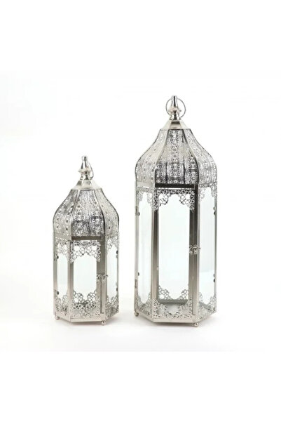 Generic Silver metal lantern set with clear glass - 2 sizes