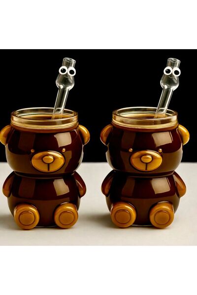 Maloria Borosilikat Sevimli Pipetli Ayıcık Kahve Bardağı Seti | 2'li - 500ml