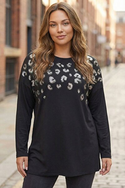 Stil Diva Блузка з довгими рукавами, чорна, з леопардовим принтом і паєтками,...