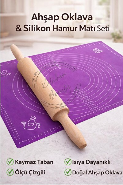 Kitchen Beauty Silikon Hamur Açma Matı Ölçekli Hamur Açma Altlığı Ve Ahşap Ru...