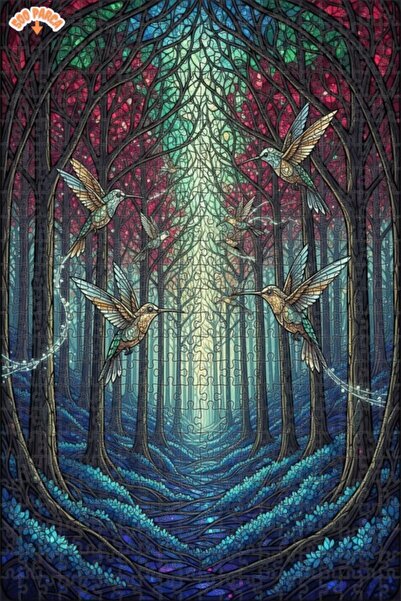 Teona Ahşap Magical Forest Hummingbirds Oil Painting Look Double-Decker Frame...