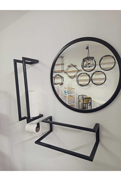 WOODİRON Modern 3'lü Metal Banyo Aksesuar Seti - Havluluk + WC Kağıtlık + Ayna