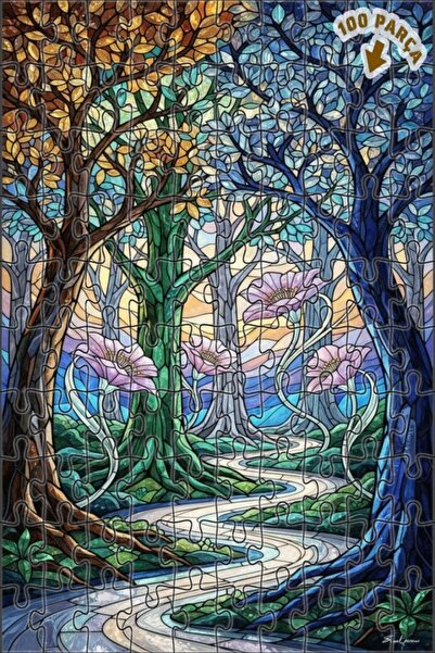 Teona Ahşap لغز خشبي بمظهر فسيفساء زجاجي من الغابة السحرية 100 قطعة 25x25