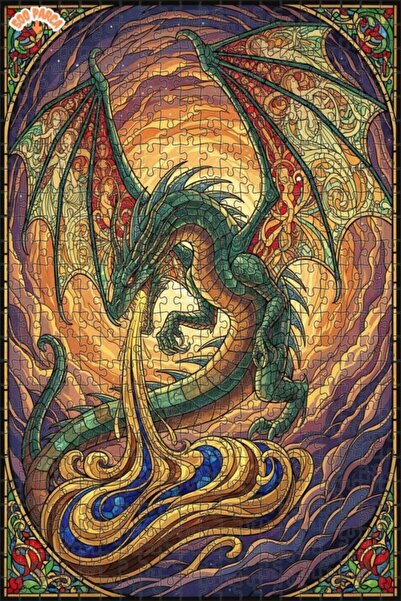 Teona Ahşap لغز خشبي مؤطر بطبقتين بتصميم فني من الزجاج الملون على شكل تنين سح...