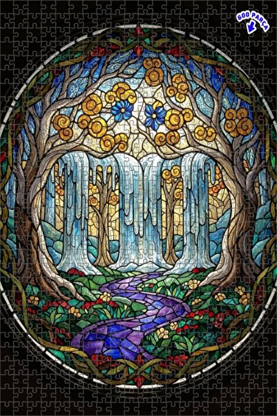 Teona Ahşap لغز خشبي مؤطر بطبقتين بتصميم فن الزجاج الملون لشلال الغابة السحري...