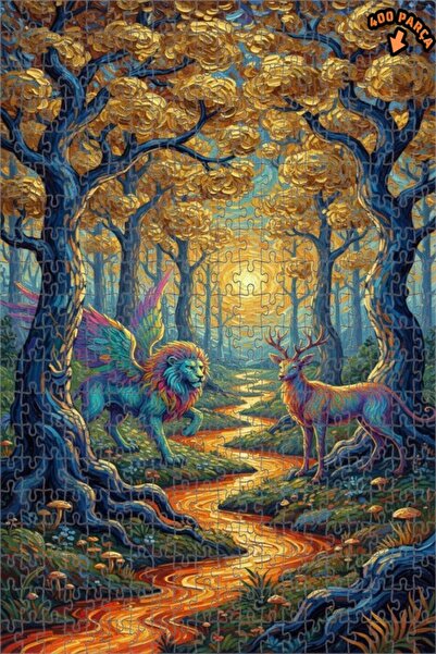 Teona Ahşap لغز فني بتصميم زيتية لأسد مجنح وغابة الغزلان 400 قطعة 35×35