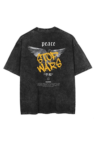 Le Savu Washable Peace Back Printed Printed Unisex Oversized Vintage T-Shirt