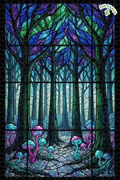 Teona Ahşap لغز خشبي مؤطر بطبقتين بنمط الفطر السحري في الغابة مع زجاج ملون 80...