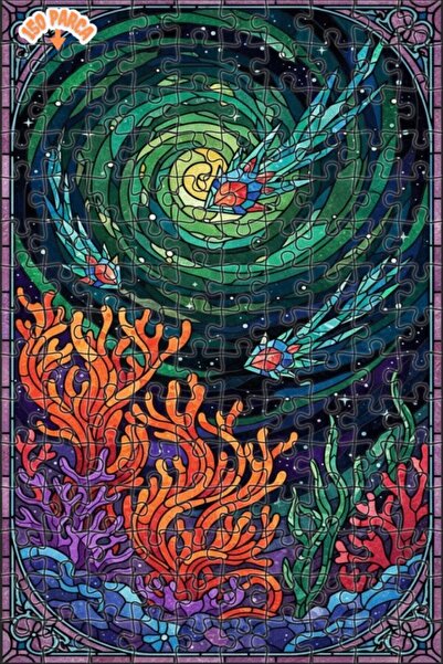 Teona Ahşap لغز خشبي مؤطر بطبقتين بتصميم فن الزجاج الملون لأسماك البحر السحري...