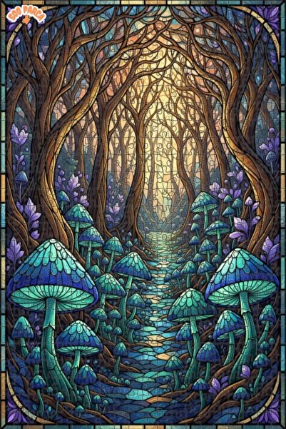 Teona Ahşap لغز خشبي بمظهر فسيفساء زجاجية لغابة الفطر الغامضة 500 قطعة 50x30