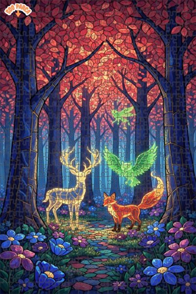 Teona Ahşap لغز خشبي بتصميم فني زجاجي ملون لحيوانات الغابة السحرية 500 قطعة 5...