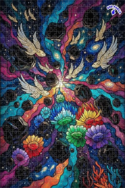 Teona Ahşap Finned Fish and Colorful Flowers Galaxy Double-Deck Framed Wooden...