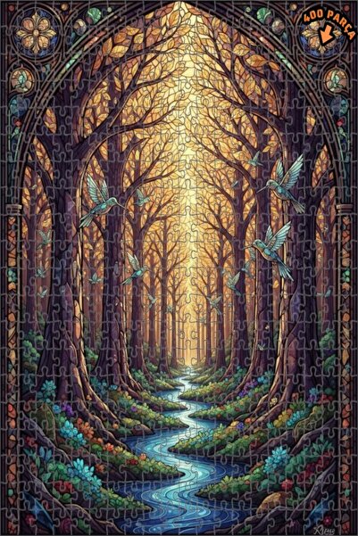 Teona Ahşap لغز خشبي مؤطر بطبقتين بتصميم فن الزجاج الملون لطيور الغابة السحري...