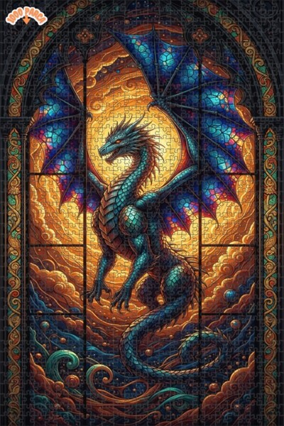 Teona Ahşap لغز خشبي مؤطر بطبقتين بتصميم فني من الزجاج الملون على شكل تنين سح...