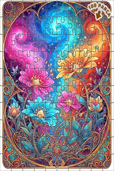 Teona Ahşap Galaxy Flowers Watercolor Look Double Layer Framed Wooden Puzzle ...