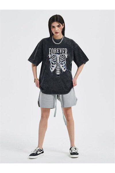 Le Savu Washable Forever Rib Printed Unisex Oversized Vintage T-Shirt
