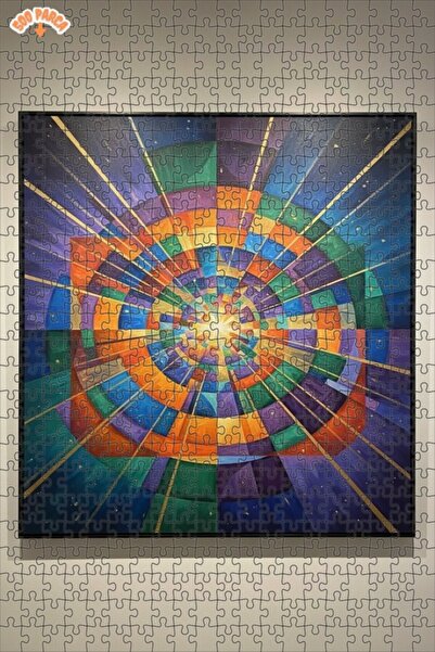 Teona Ahşap Energy Radiating Oil Painting Look Double Layer Framed Wooden Puz...