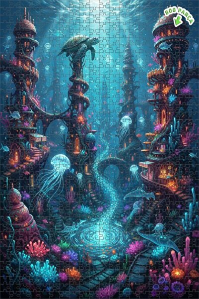 Teona Ahşap لغز فني بمظهر لوحة زيتية لمدينة غامضة تحت البحر 800 قطعة 70×50