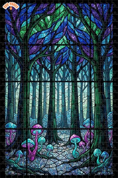 Teona Ahşap لغز خشبي مؤطر بطبقتين بنمط الفطر السحري في الغابة مع زجاج ملون 50...