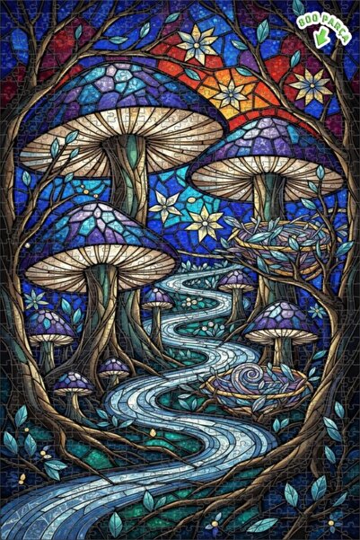 Teona Ahşap لغز خشبي مؤطر بطبقتين بتصميم فن الزجاج الملون لغابة الفطر السحرية...