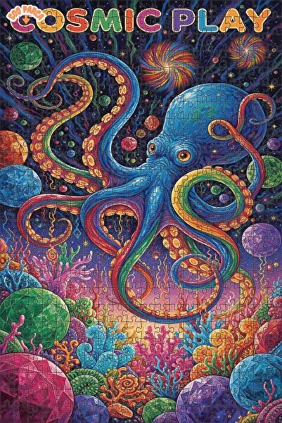 Teona Ahşap Sky Blue Octopus and Cosmic Crystals Oil Painting Look Wooden Puz...