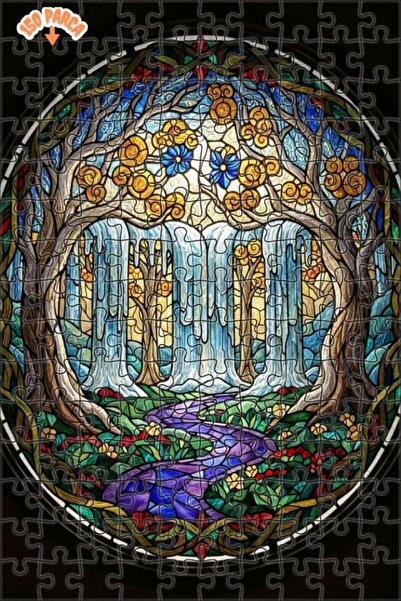 Teona Ahşap لغز خشبي مؤطر بطبقتين بتصميم فن الزجاج الملون لشلال الغابة السحري...