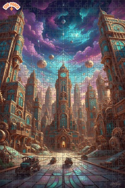 Teona Ahşap لوحة زيتية لمدينة غامضة بطراز ستيمبانك، برج مزدوج الطابق، لغز خشب...